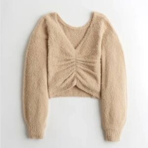 Hollister Fuzzy Tan Cream Colour Ruched Reversible Front Balloon Sleeve Sweater